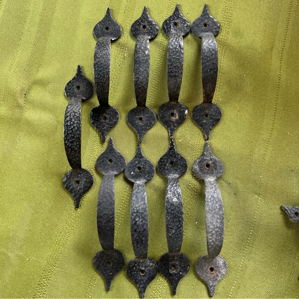 Vintage Set of Nine (9) Hammered Black Wrought Iron Cabinet Door Pull Handle